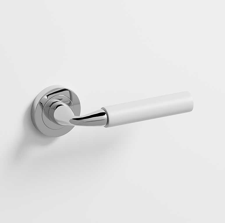 Neo · Manillas roseta para puerta en níquel brillo · blanco
