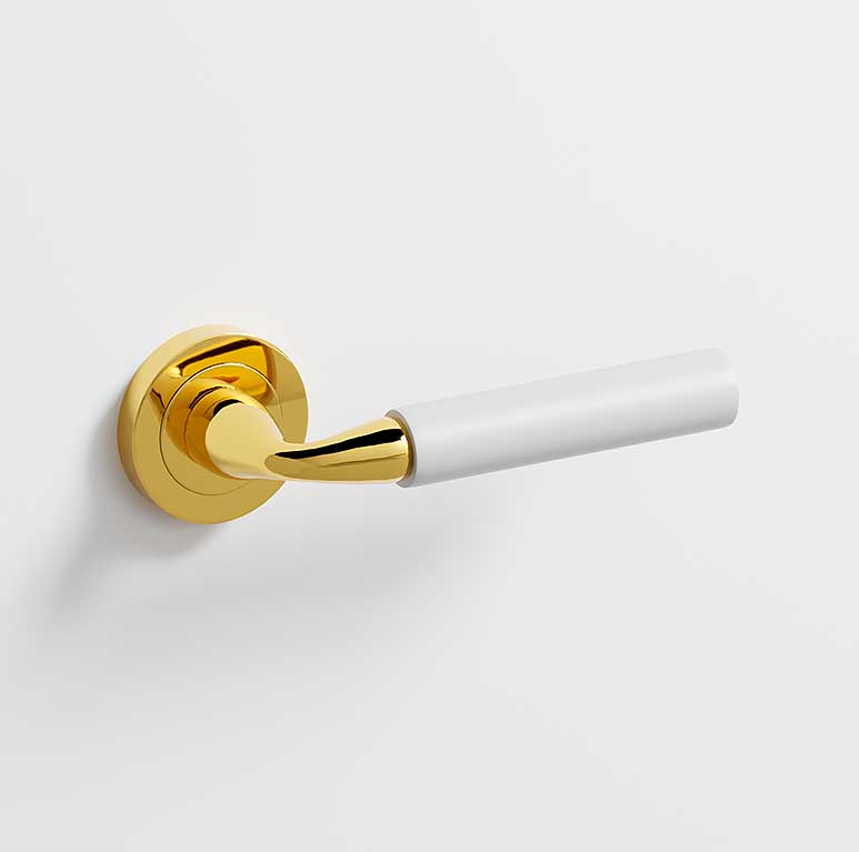 Neo · Manillas roseta para puerta en dorado brillo · blanco