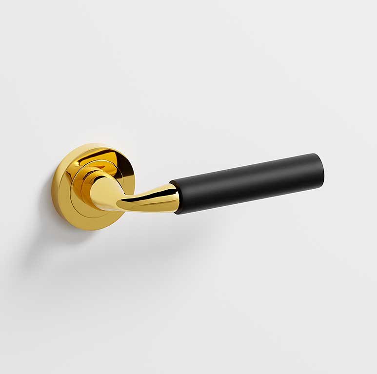Neo · Manillas roseta para puerta en dorado brillo · negro