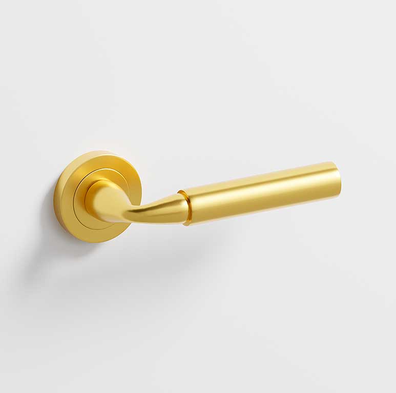 Neo · Manillas roseta para puerta en dorado satinado