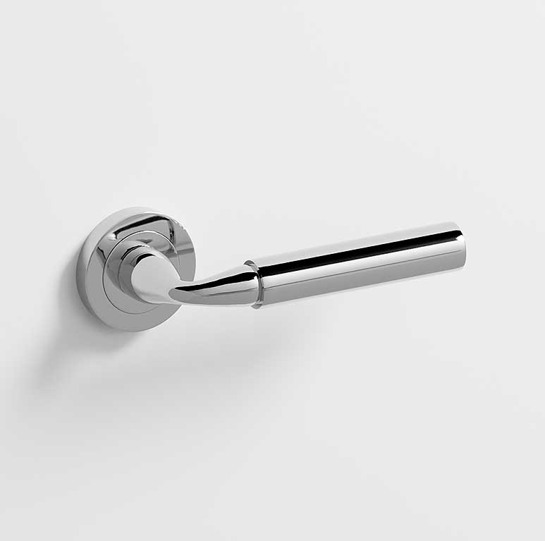 Neo · Manillas roseta para puerta en níquel brillo